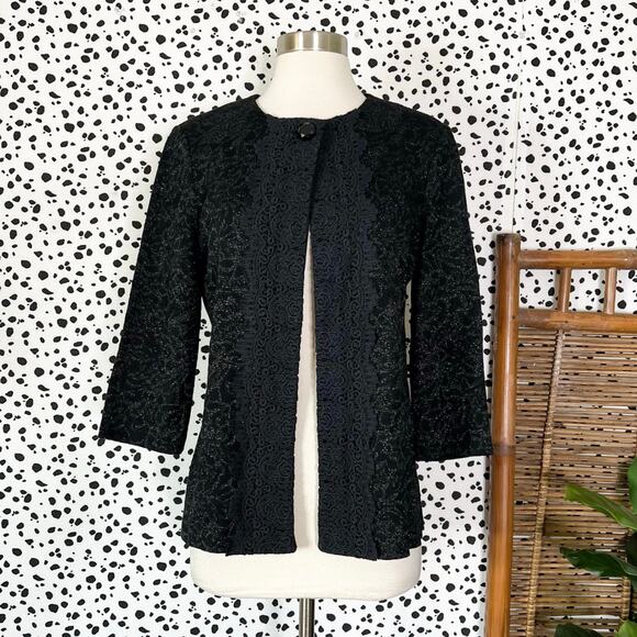 NEW Ming Wang | Black Metallic Knit Lace Trim 3/4 Sleeve Sweater Jacket S NWT - Picture 2 of 9
